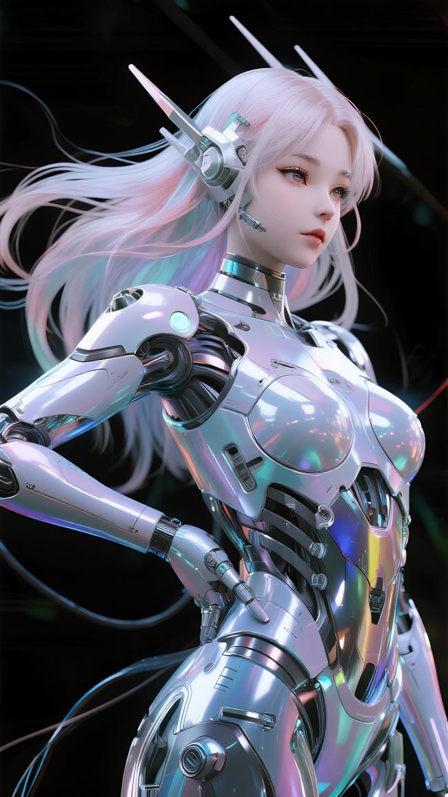赛博格银发女战士：霓虹金属科幻风