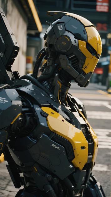 赛博朋克机甲战士城市街景特写