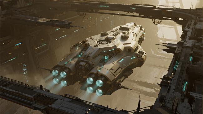 未来战舰停泊空间站内部科幻场景