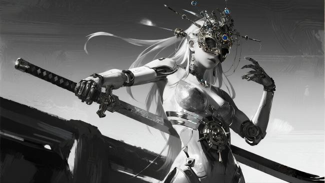 赛博朋克银发女战士持剑插画