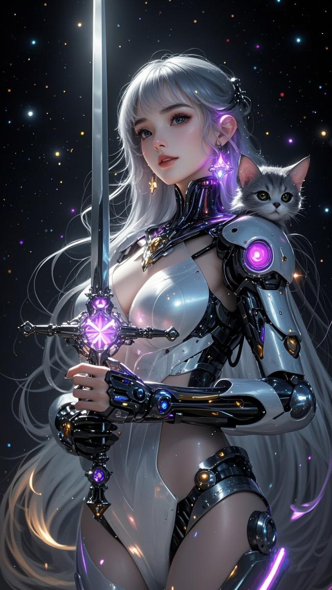 银发机甲女战士持剑与机械猫共舞星海