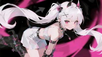 白发猫耳少女赛璐璐插画，粉色漩涡动感背景