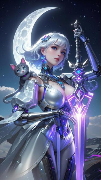 月夜银甲女战士持剑抱猫赛博风插画