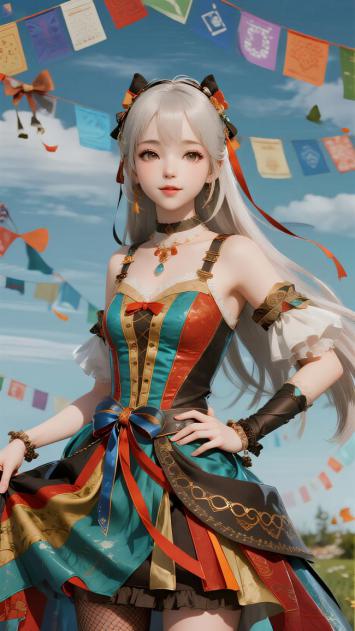 银发猫耳少女节庆插画，彩旗飘扬梦幻风