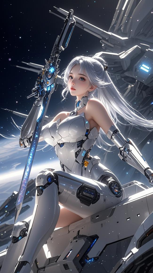 赛博朋克银发机甲女战士太空战姿