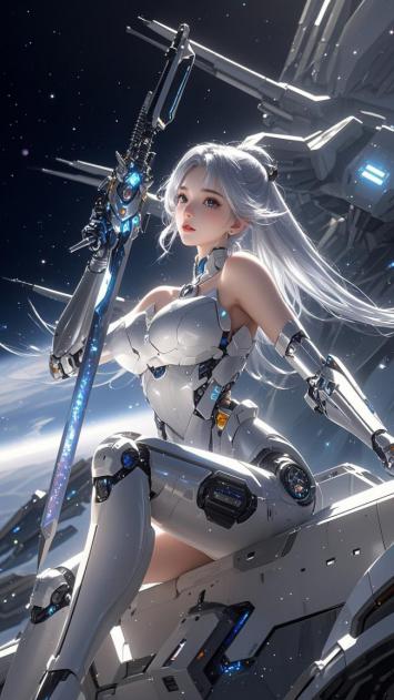 赛博朋克银发机甲女战士太空战姿