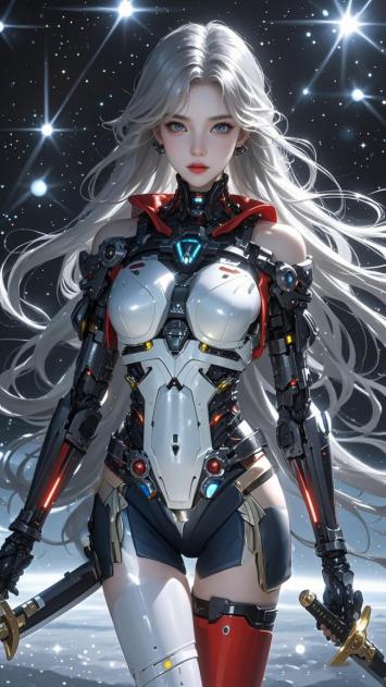 赛博朋克银发女战士持剑立于星海之间