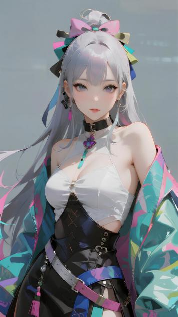 银发少女二次元立绘插画，未来和风混搭造型