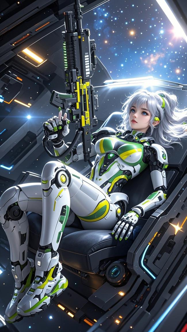 赛博朋克女战士持枪坐舱，星海为背景