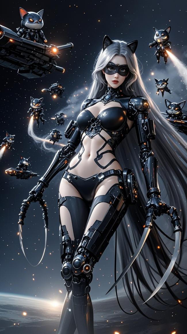 赛博朋克猫女机甲战士太空激战图