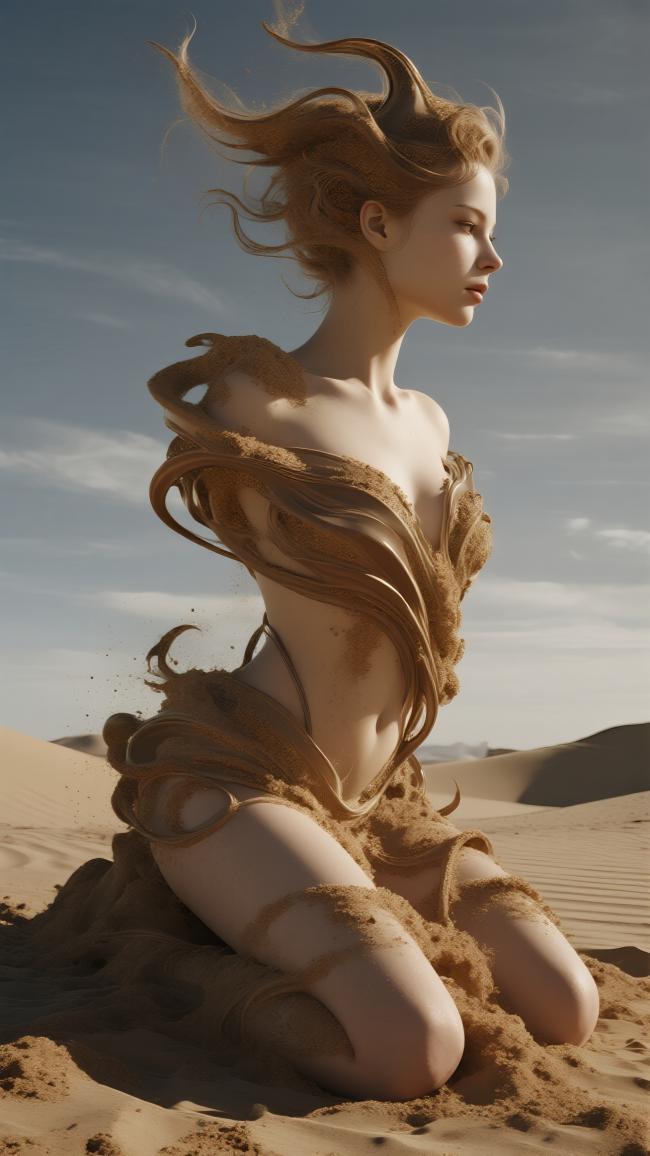 沙漠沙神写实雕像，风动沙流美人图