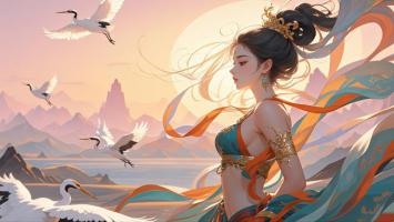 仙侠少女飞鹤伴日落图