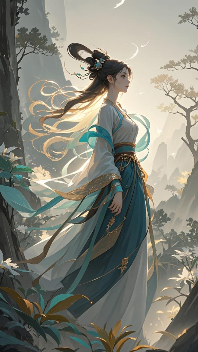 仙侠少女云中立，青白汉服映山雾