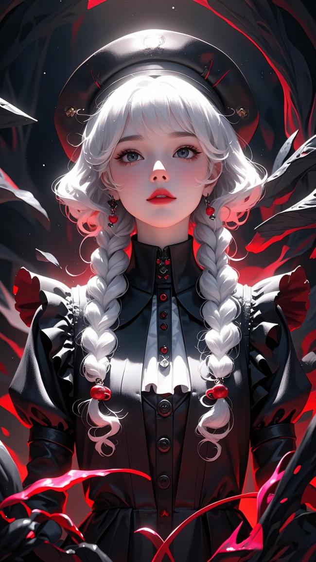 暗黑哥特少女肖像，红黑交织的魔法漩涡背景