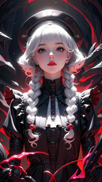 暗黑哥特少女肖像，红黑交织的魔法漩涡背景