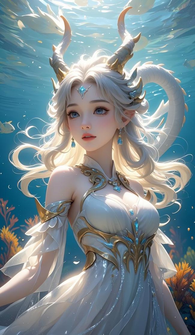 水下仙姬持光而立，仙气缭绕幻境生