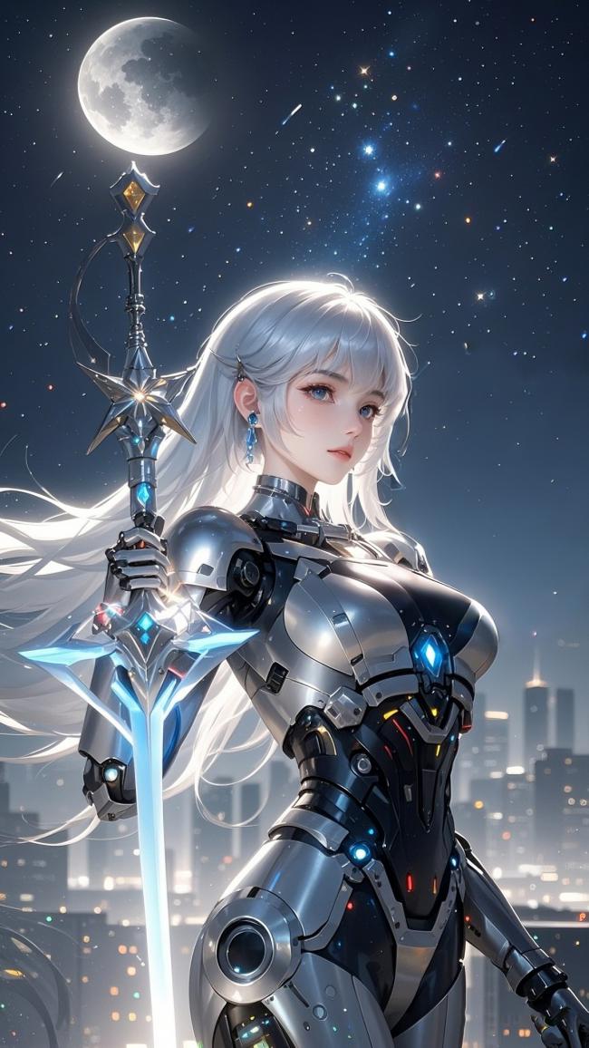 银发机甲女战士持星剑立于星月夜空下