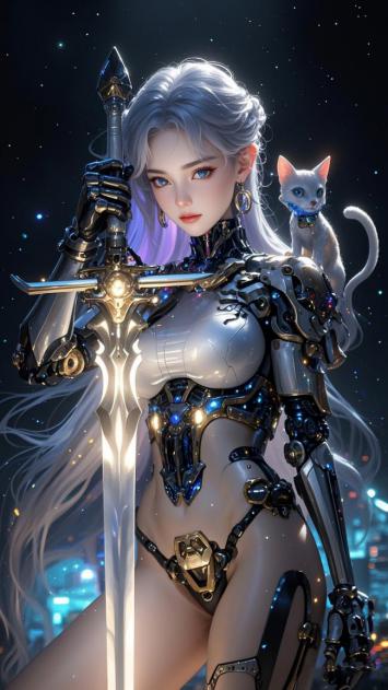 赛博朋克银发女战士持剑与机械猫同框