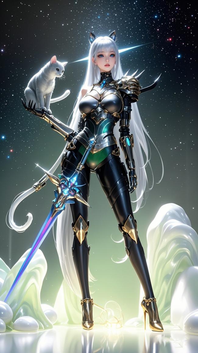星空女战士持剑与白猫共舞