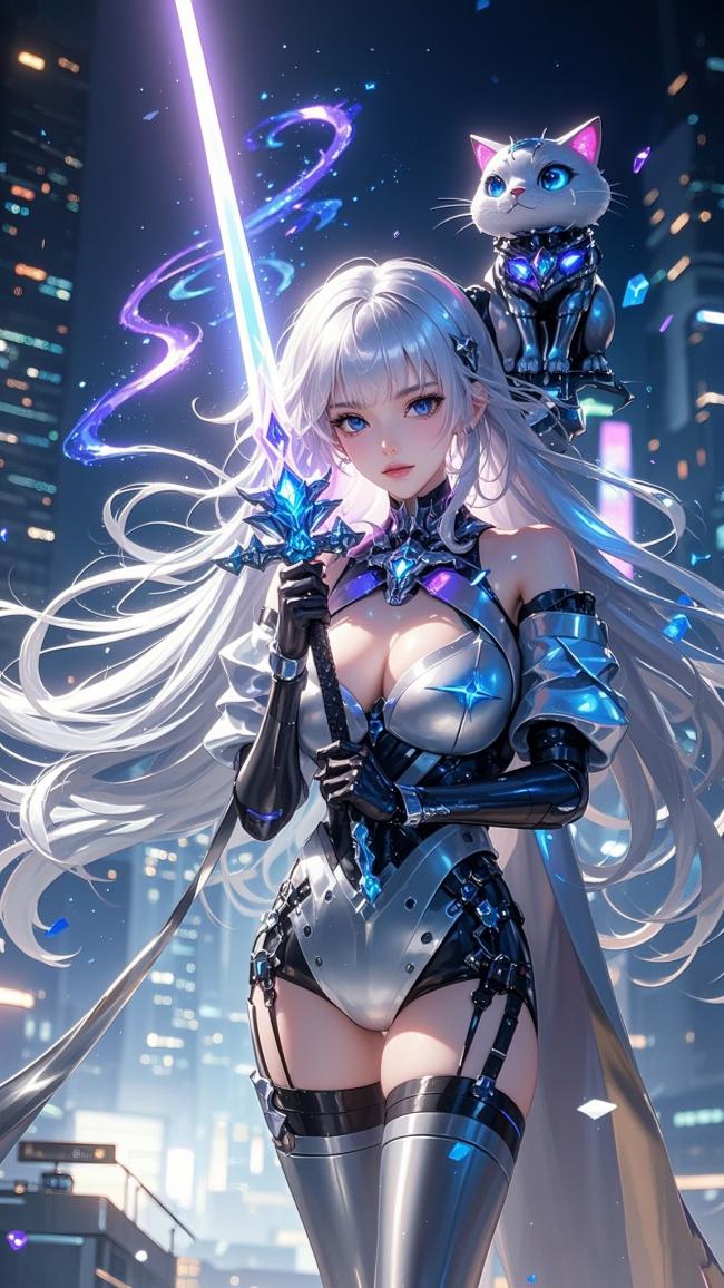 赛博朋克银发女战士与机械猫夜景插画