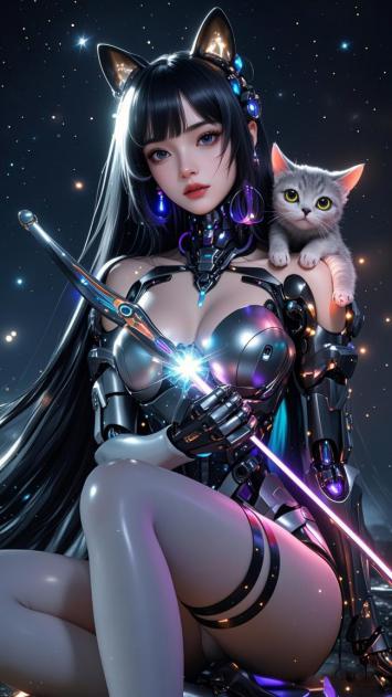 赛博朋克女战士抱机械猫，星海背景霓虹闪耀