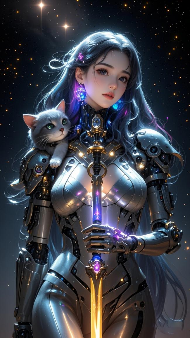 赛博朋克女战士怀抱猫咪持剑立于星海