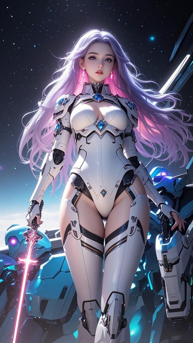 赛博朋克紫发机甲女战士插画