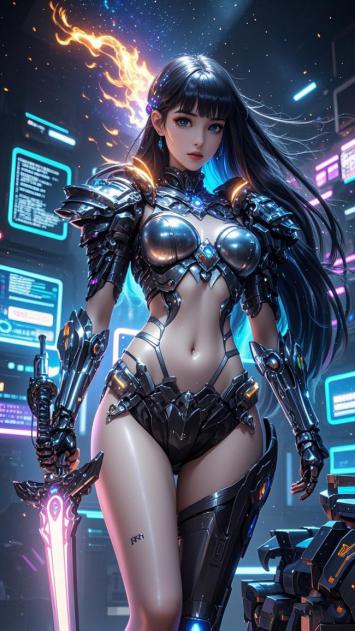 赛博朋克女战士持焰剑立于霓虹都市