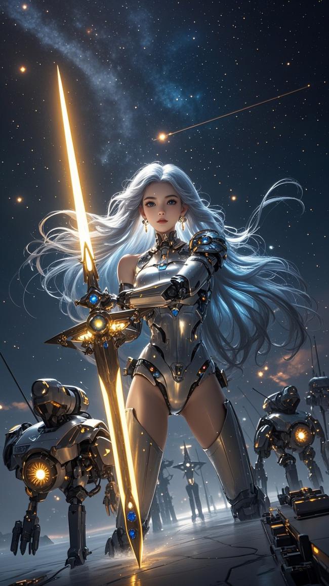 赛博朋克银发女战士持光剑战星海