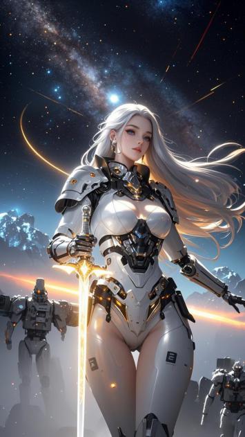 银发机甲女战士持剑立于星海战场