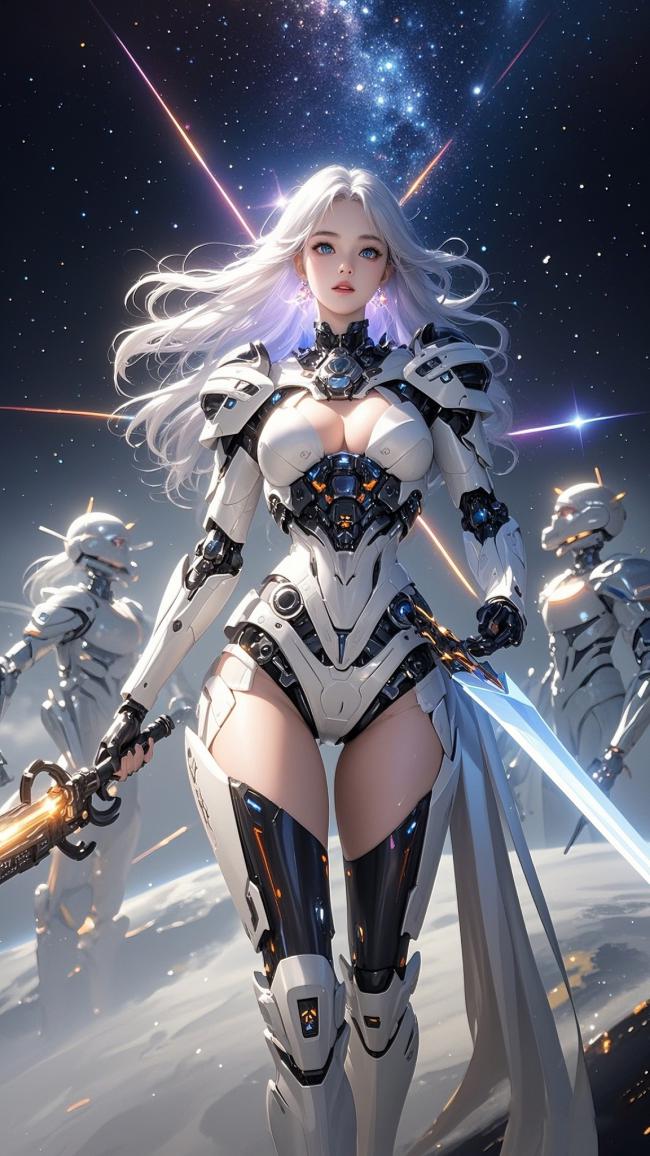 赛博朋克女战士持剑立于星海之下
