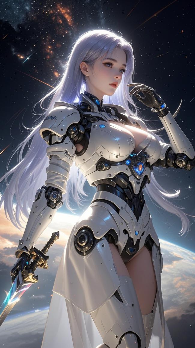 银发机甲女战士立于星海之间