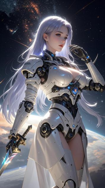 银发机甲女战士立于星海之间
