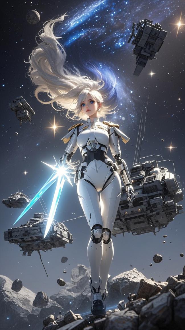 赛博朋克女战士持剑立于星海陨石带
