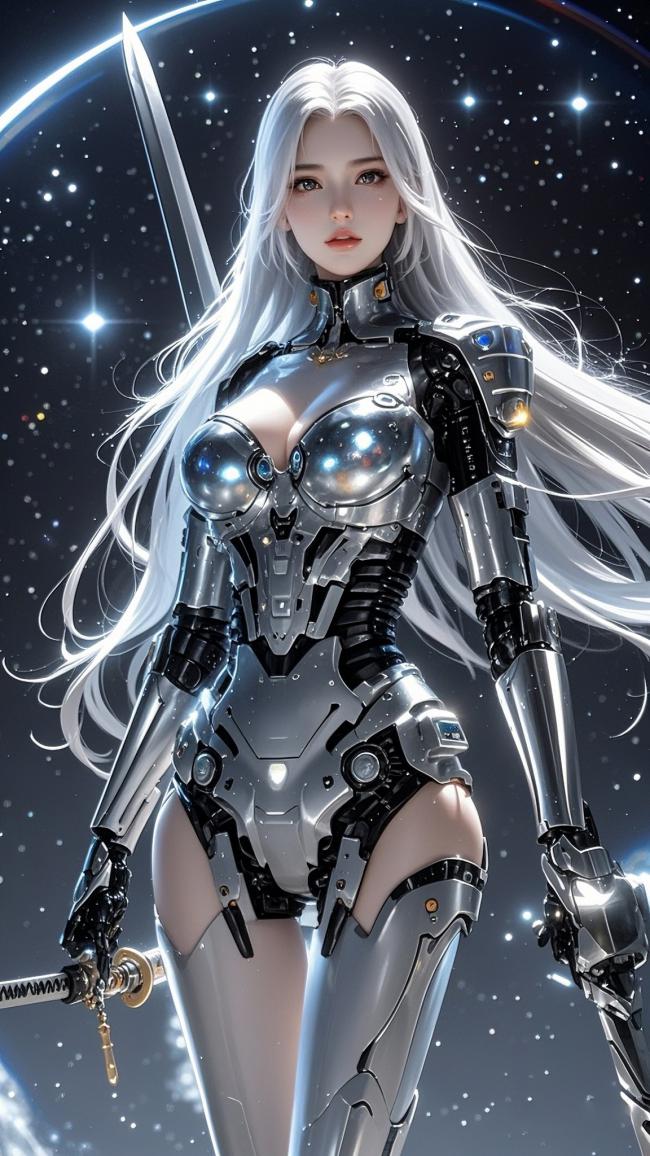 银发机甲女战士持剑立于星海之中