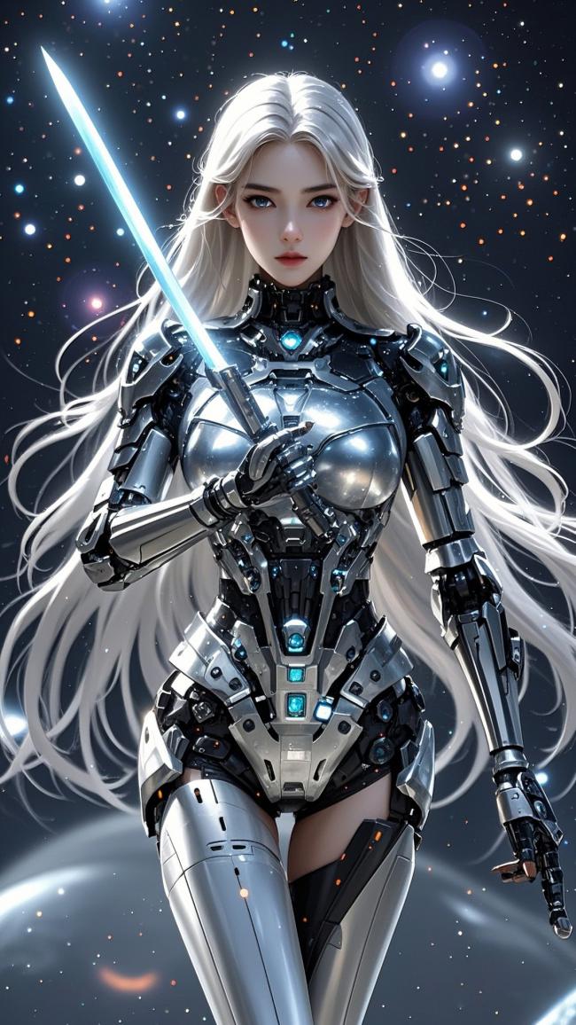 赛博朋克银发机甲女战士持光剑立于星海
