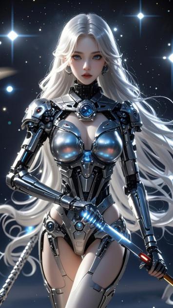 银发机甲女战士持剑立于星海之中