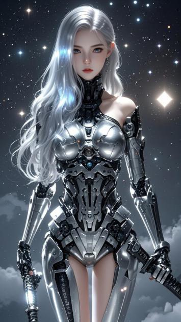 银发机甲女战士立于星海之间