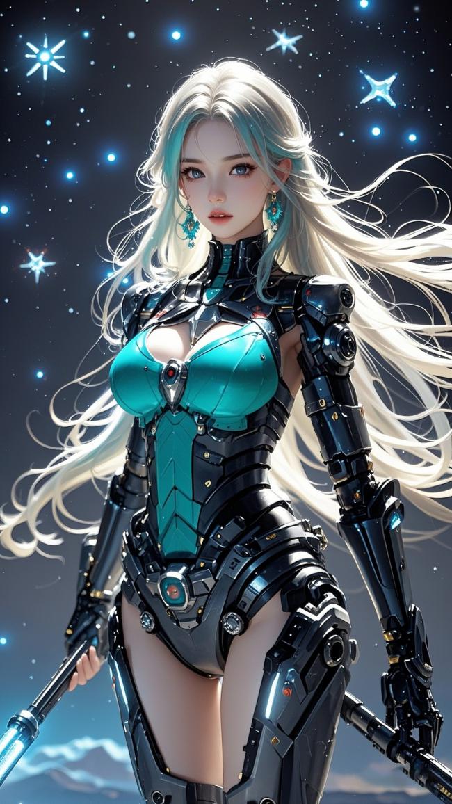 赛博朋克女战士持光剑立于星海之中