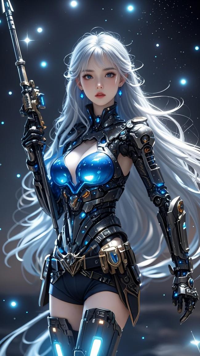 银发机甲女战士·赛博朋克星空战姿