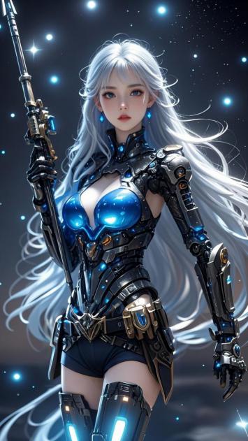 银发机甲女战士·赛博朋克星空战姿