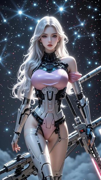 银发机甲女战士立于星海之间