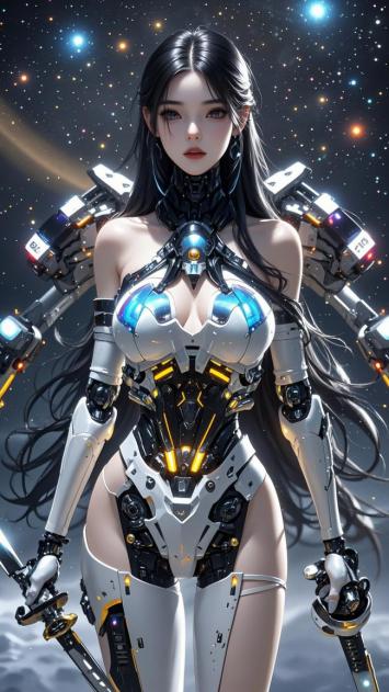 赛博朋克女战士持剑立于星海之中