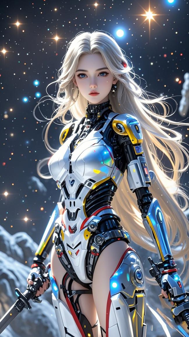 星空下的赛博女战士：机甲与银河共舞