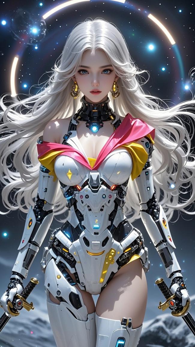 赛博朋克银发女战士持剑立于星空之下