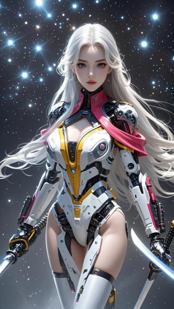 赛博朋克银发机甲女战士星海持剑图