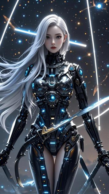 银发机甲女战士：赛博朋克星空战姿