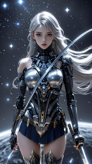 赛博朋克银发女战士持剑立于星海之间