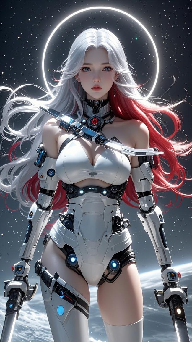 赛博朋克银发女战士：星空光环下的机械女神