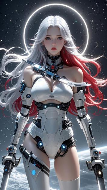 赛博朋克银发女战士：星空光环下的机械女神